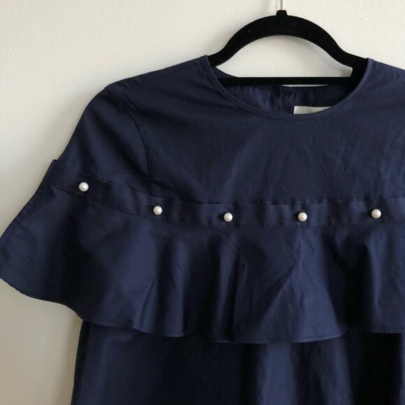 Jonathan Simkhai Navy Pearl Detail Ruffle Blouse - Picture 3 of 6